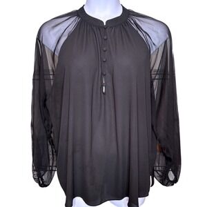 ELOQUII Womens Black Sheer Long Sleeve Button Front Blouse Sz 20 Business Casual